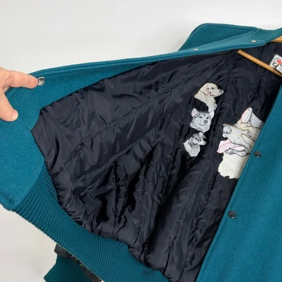 Vintage Varsity Jacket Mens Large Green Blue Wool Black Leather SPCA Dog Lover - Picture 13 of 16